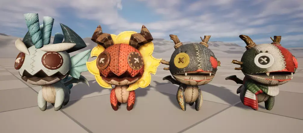 Four stylized small fire dragon dinosaurs with skeletal skin Low-poly 3D model