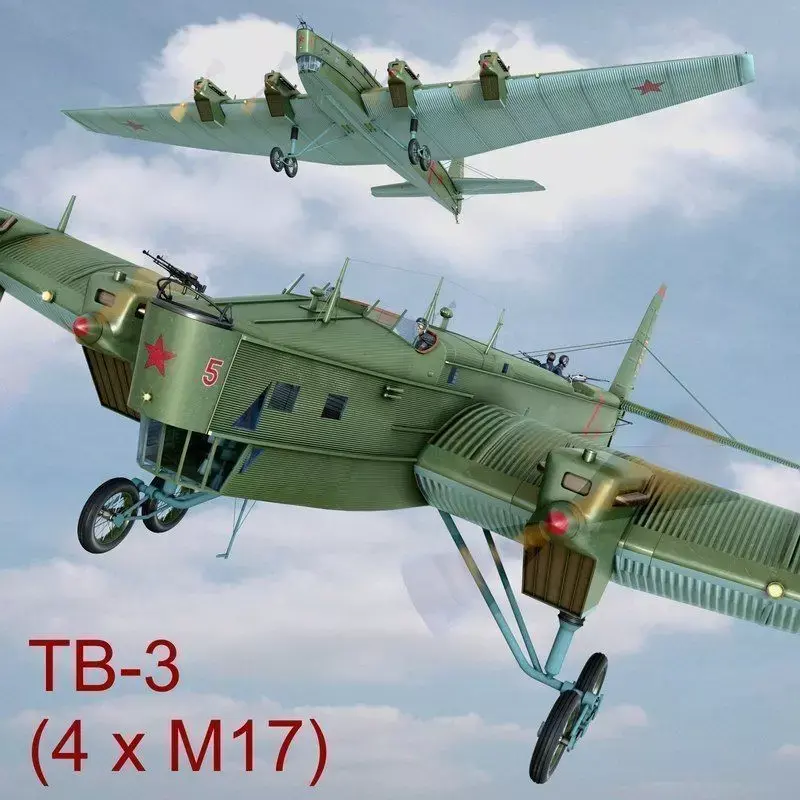 TB-3 russian biplane with propellers flying in sky 3D model