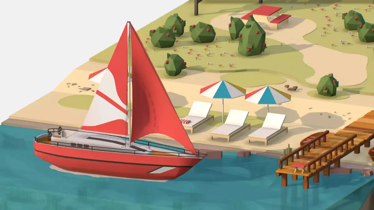 Red Yacht Scene MotorBoat Red Low-poly 3D model