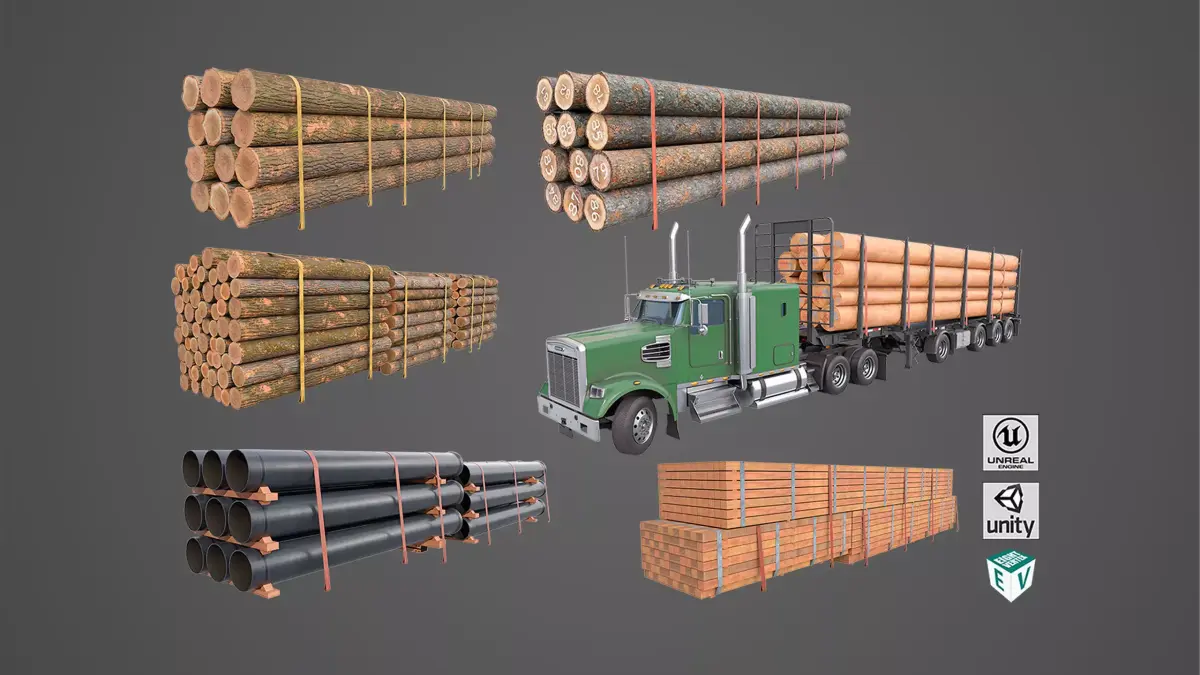 Generic Heavy Truck 07 Log Trailer with Loads All PBR Textures Low-poly 3D model