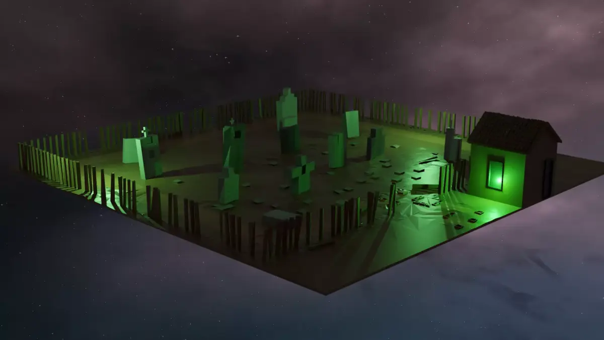 Low poly cemetery graveyard with lights Low-poly 3D model