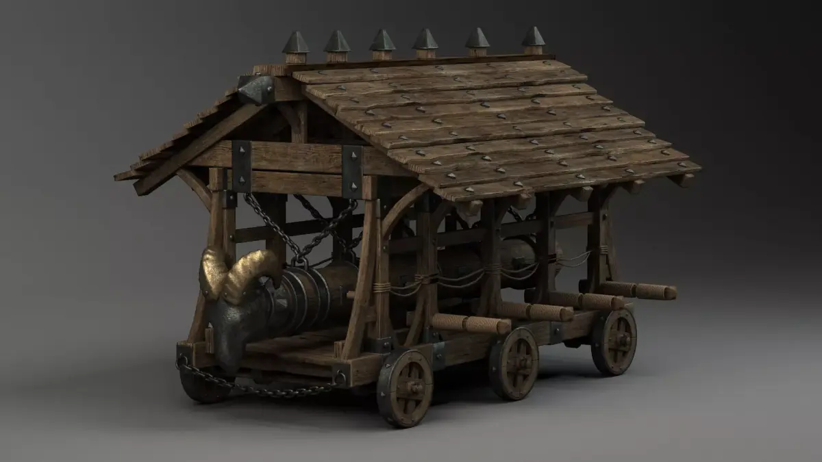 medieval-battering-ram wooden cart with wooden roof 3D model