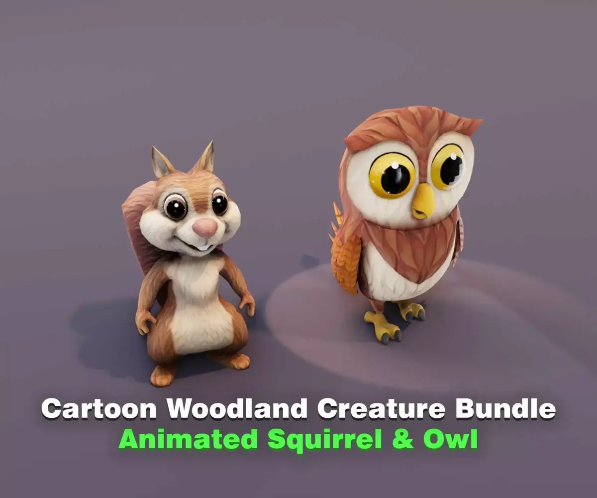 Cartoon Woodland Creatures - Animated Squirrel and Owl 3D Models Low-poly 3D model