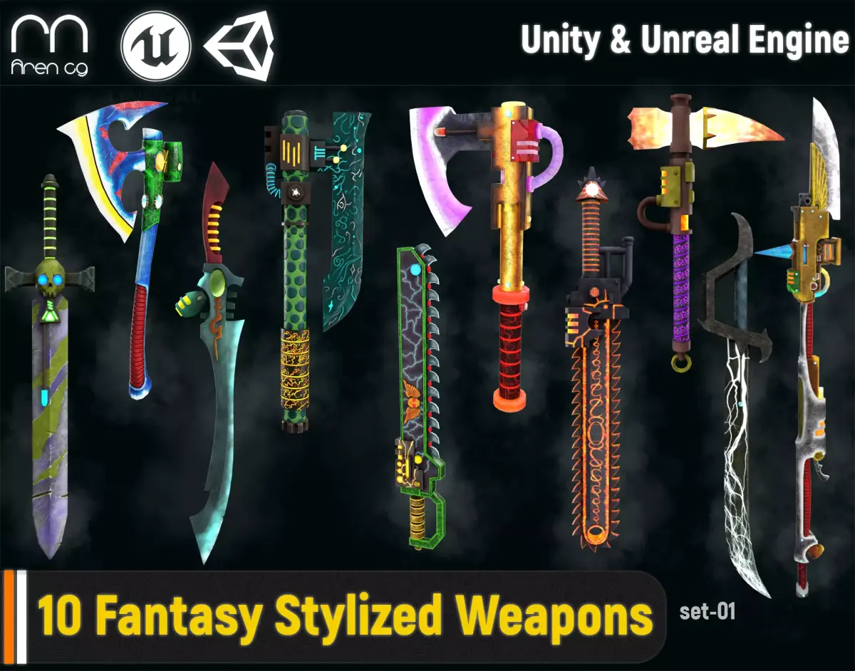 Fantasy Stylized Weapons-01 Unity and Unreal engine package Low-poly 3D model