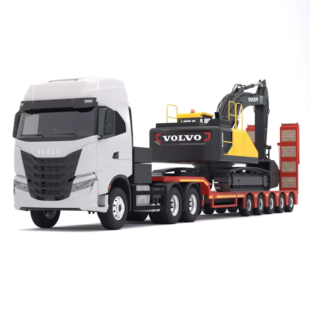 Iveco S-WAY Tractor and Lowboy Trailer with Excavator Volvo 3D model