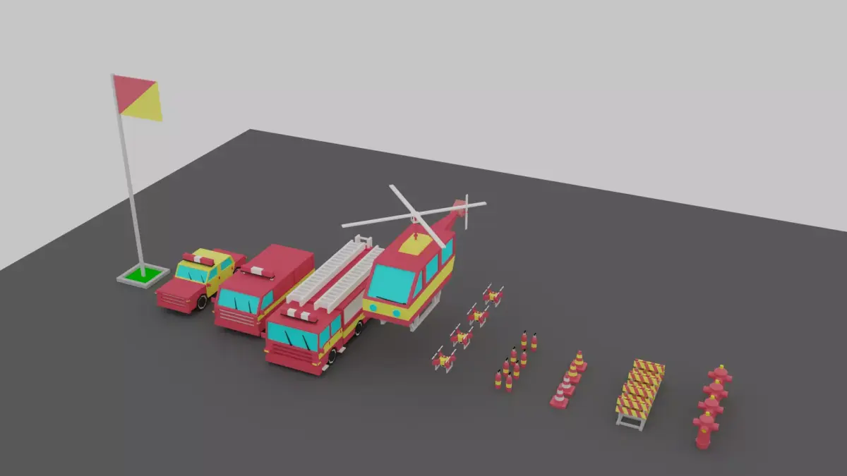 Fire Vehicles Car Van Helicopter Drone Low-poly 3D model
