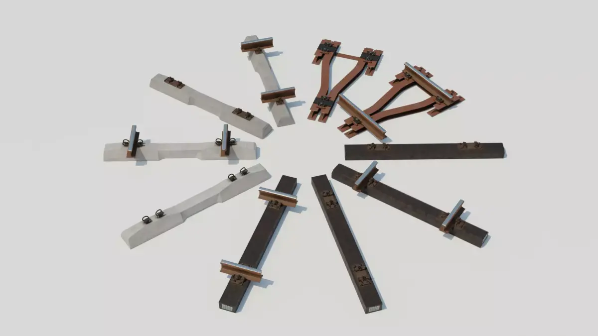 Railway track with wooden concrete metal sleepers Low-poly 3D model