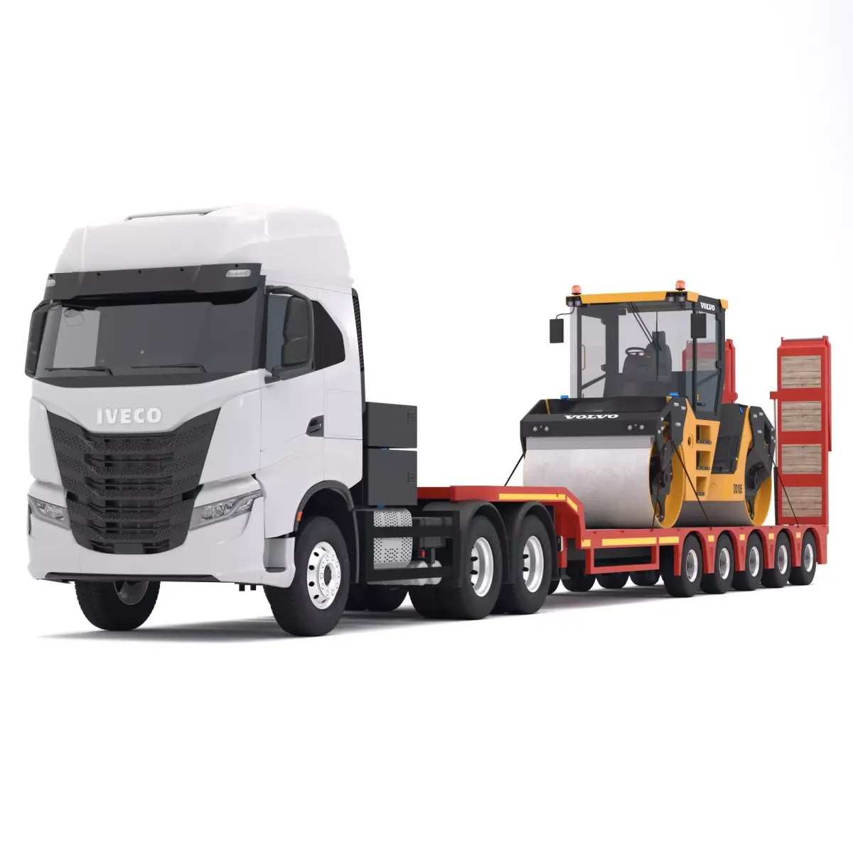 Iveco S-WAY Tractor and Lowboy Trailer Volvo DD105 Compactor 3D model