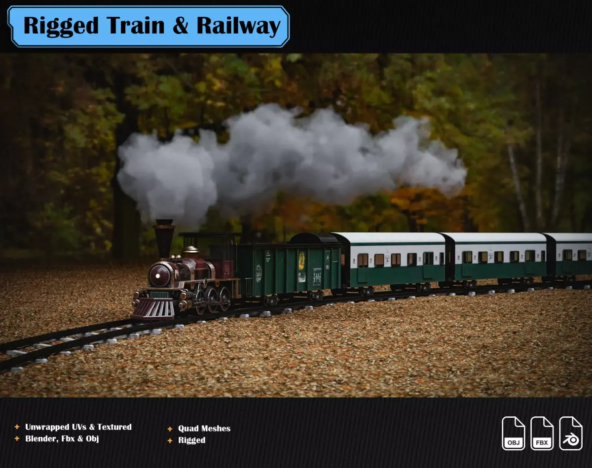 Rigged Train and Procedural Railway Low-poly 3D model