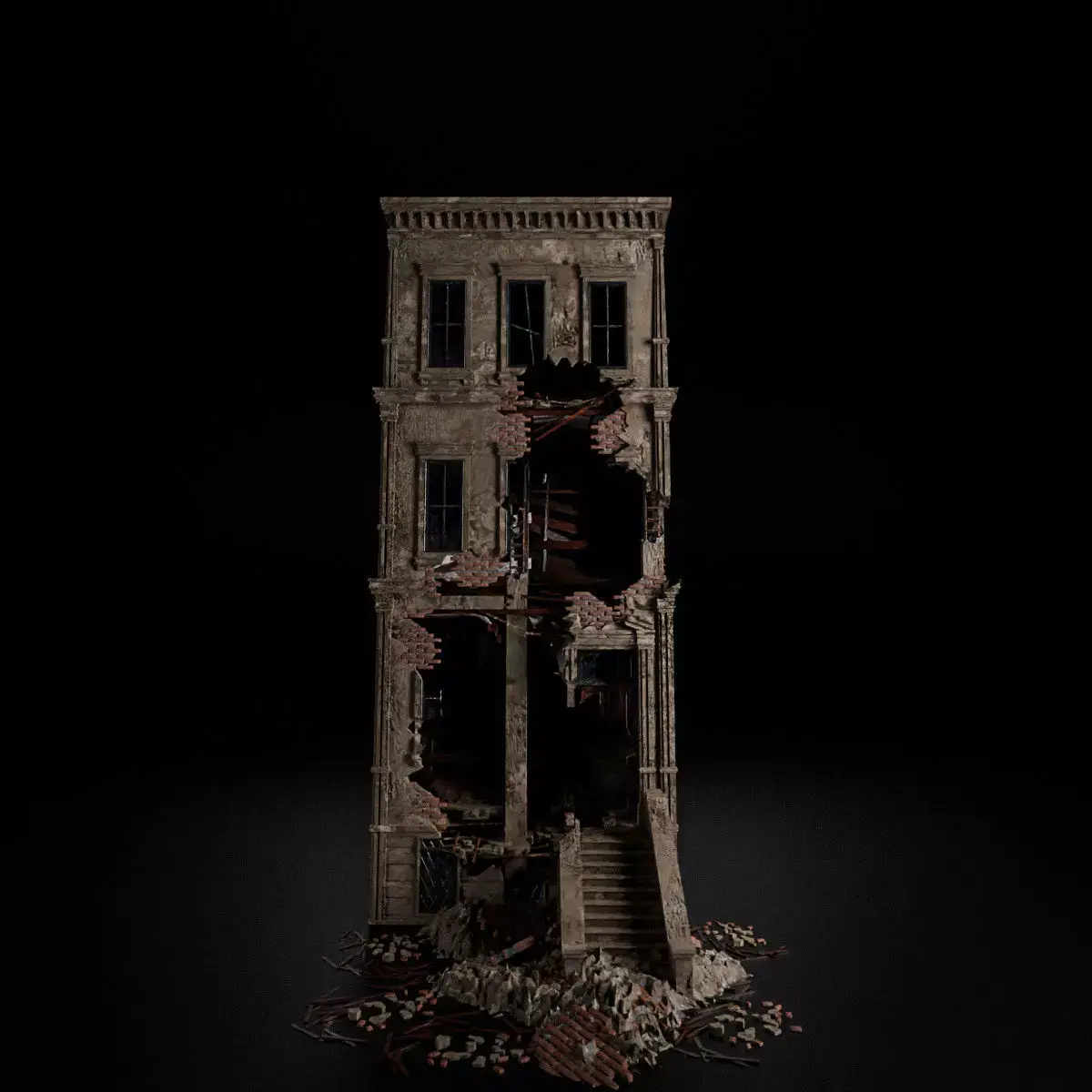 DESTROYED OLD BUILDING POST APOCALYPSE 002 Low-poly 3D model