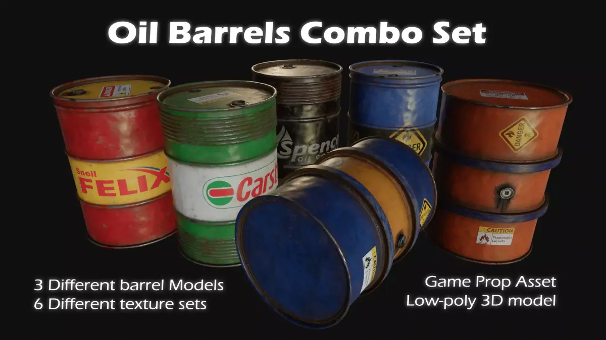 6 Oil Barrel Combo Set Game Ready Asset Prop Model Low-poly 3D model