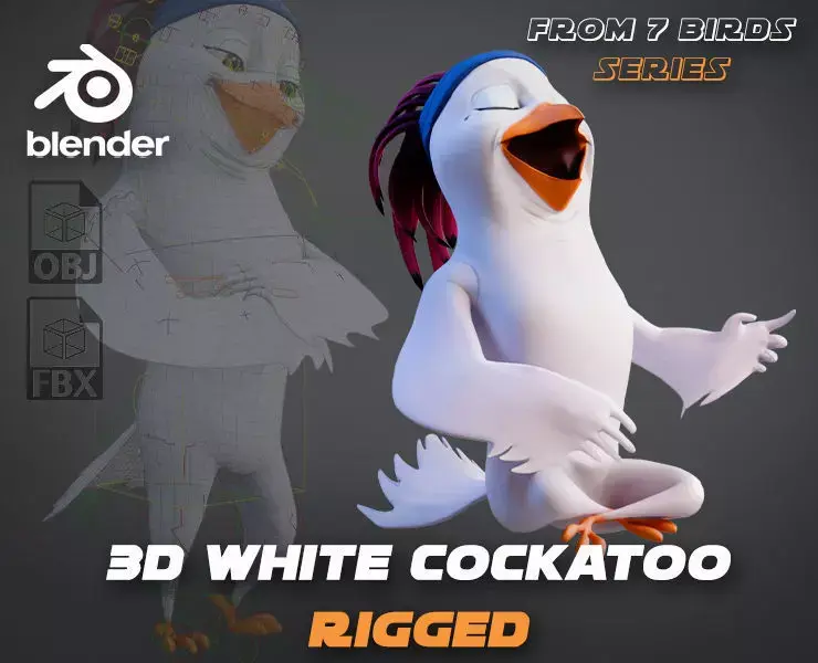 Chibi Cockatoo - 3D White - Rigged Cartoon Bird Low-poly 3D model