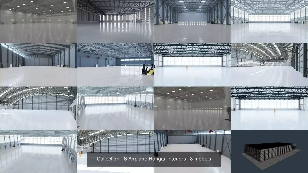 Collection - 8 Airplane Hangar Interiors 3D Model Pack