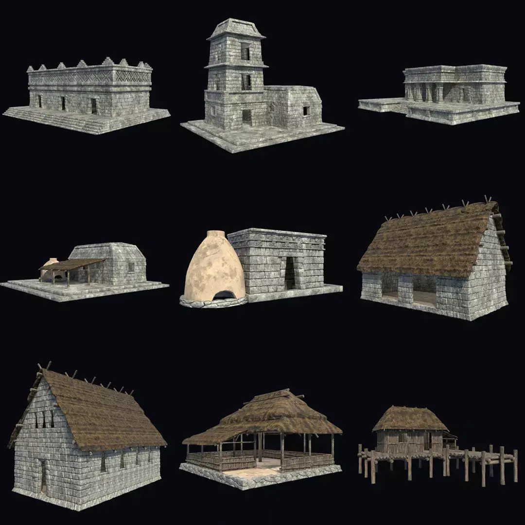 BUILDING AZTEC MAYAN INCA STONE HOUSE TEMPLE COLLECTION Low-poly 3D model