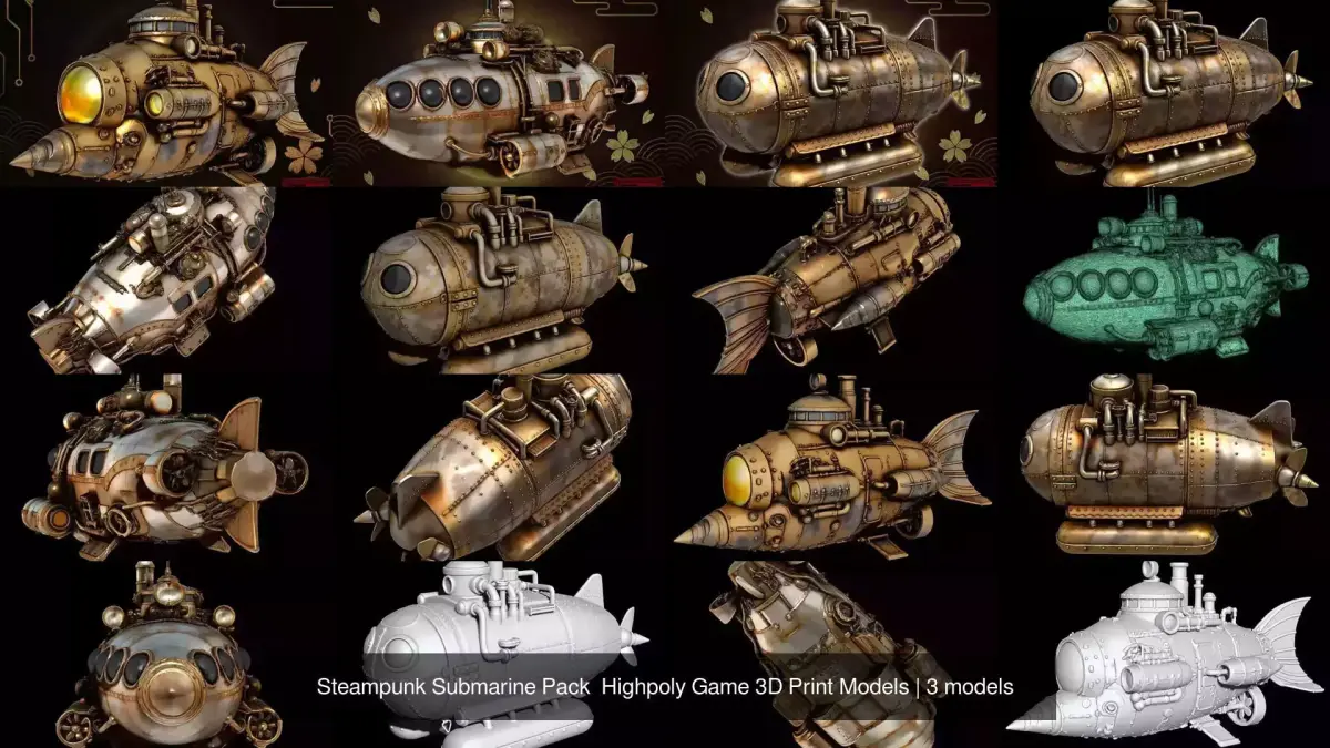 Steampunk Submarine Pack  Highpoly Game 3D Print Models