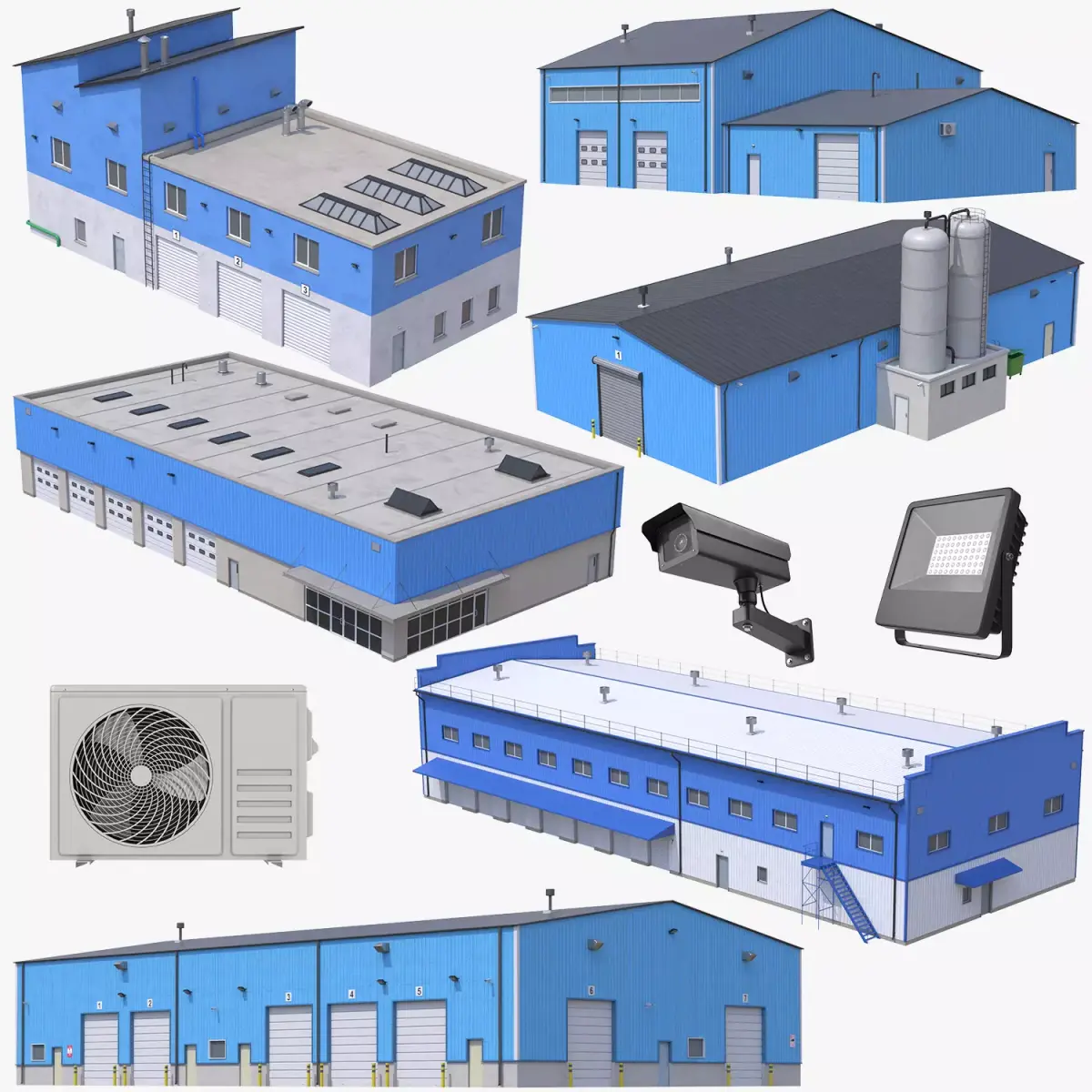 6 Blue Industrial Buildings Collection 3D Model Pack