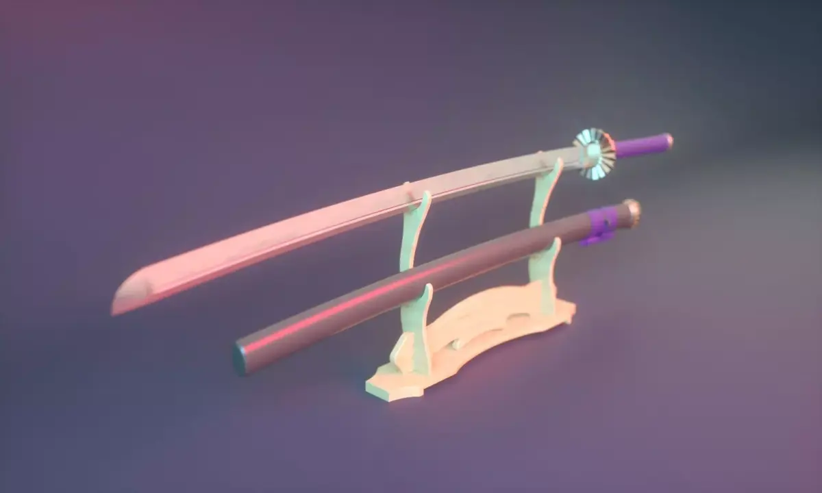 Low-poly Katana sword with sheath and display stand Low-poly 3D model