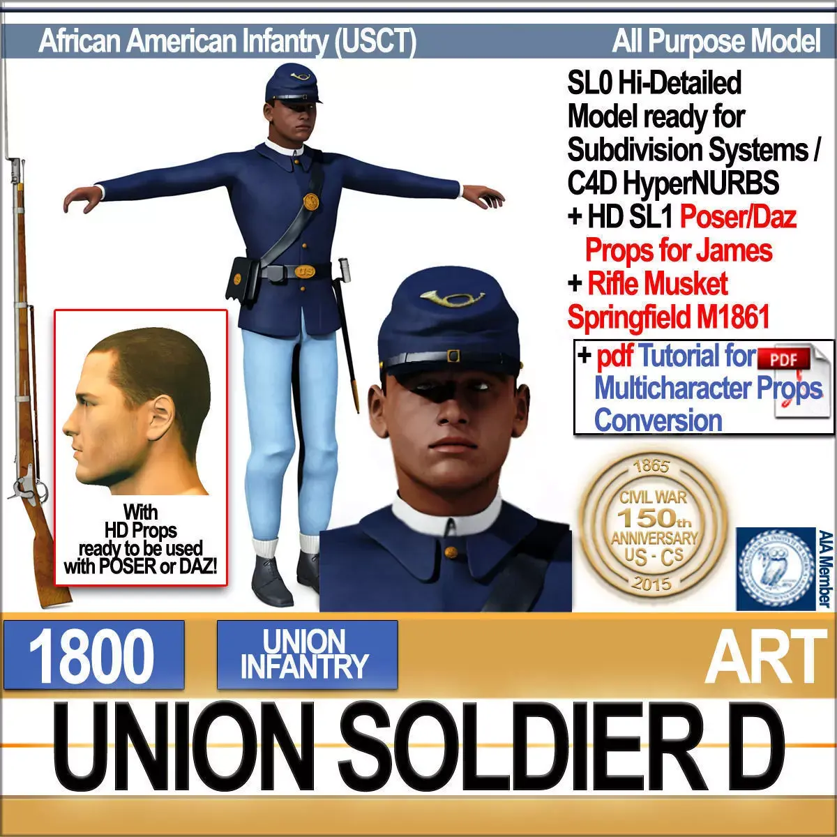 Civil War Union Soldier D African American Infantry wt PoserDaz 3D model