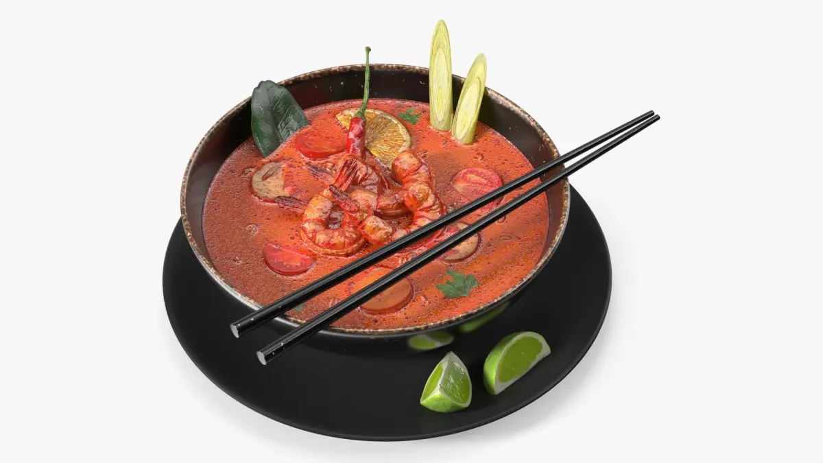 Tom Yum Soup in Bowl with Lime 3D model