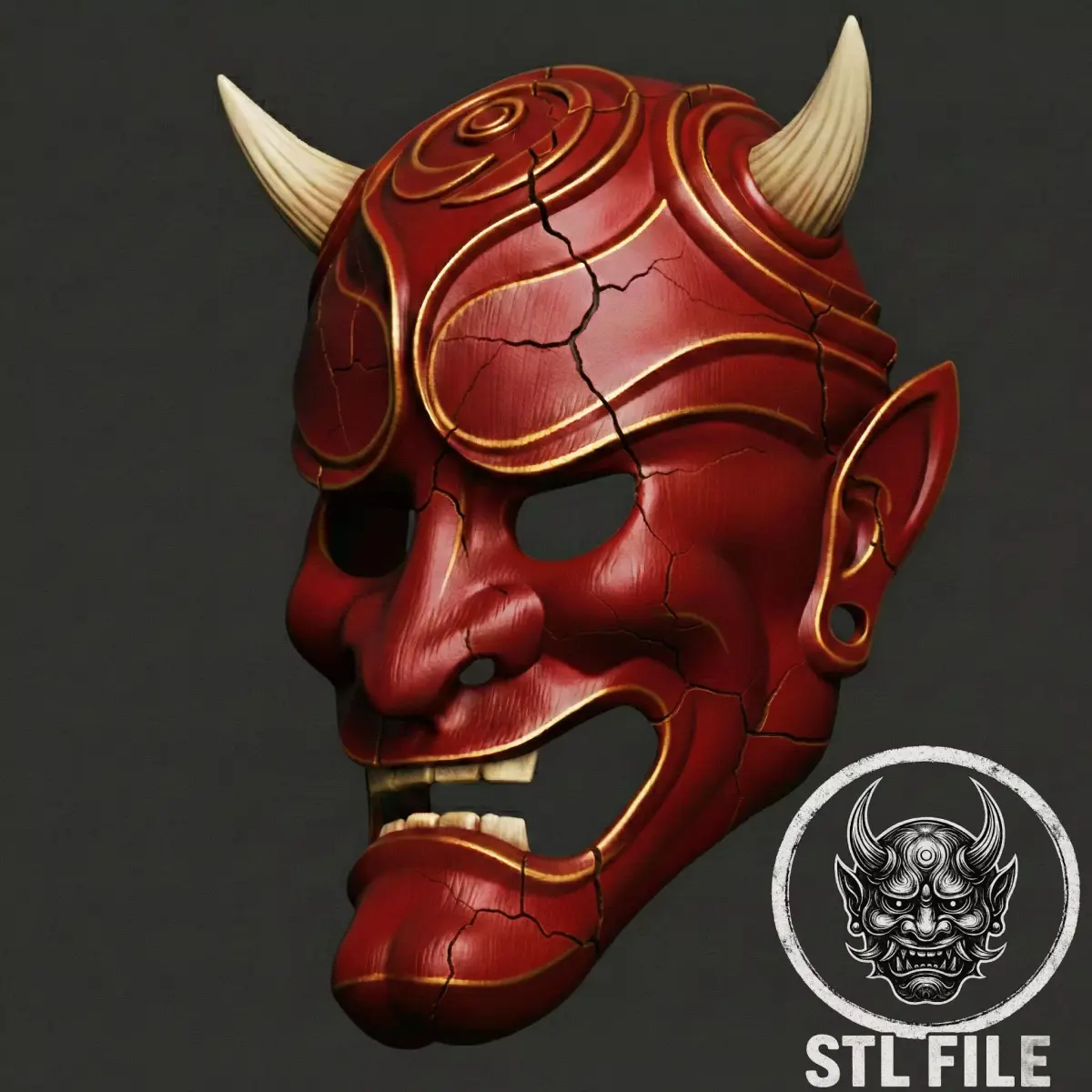 Oboro Oni Mask  -  Cracked Crimson Demon Mask 3D Print 3D print model