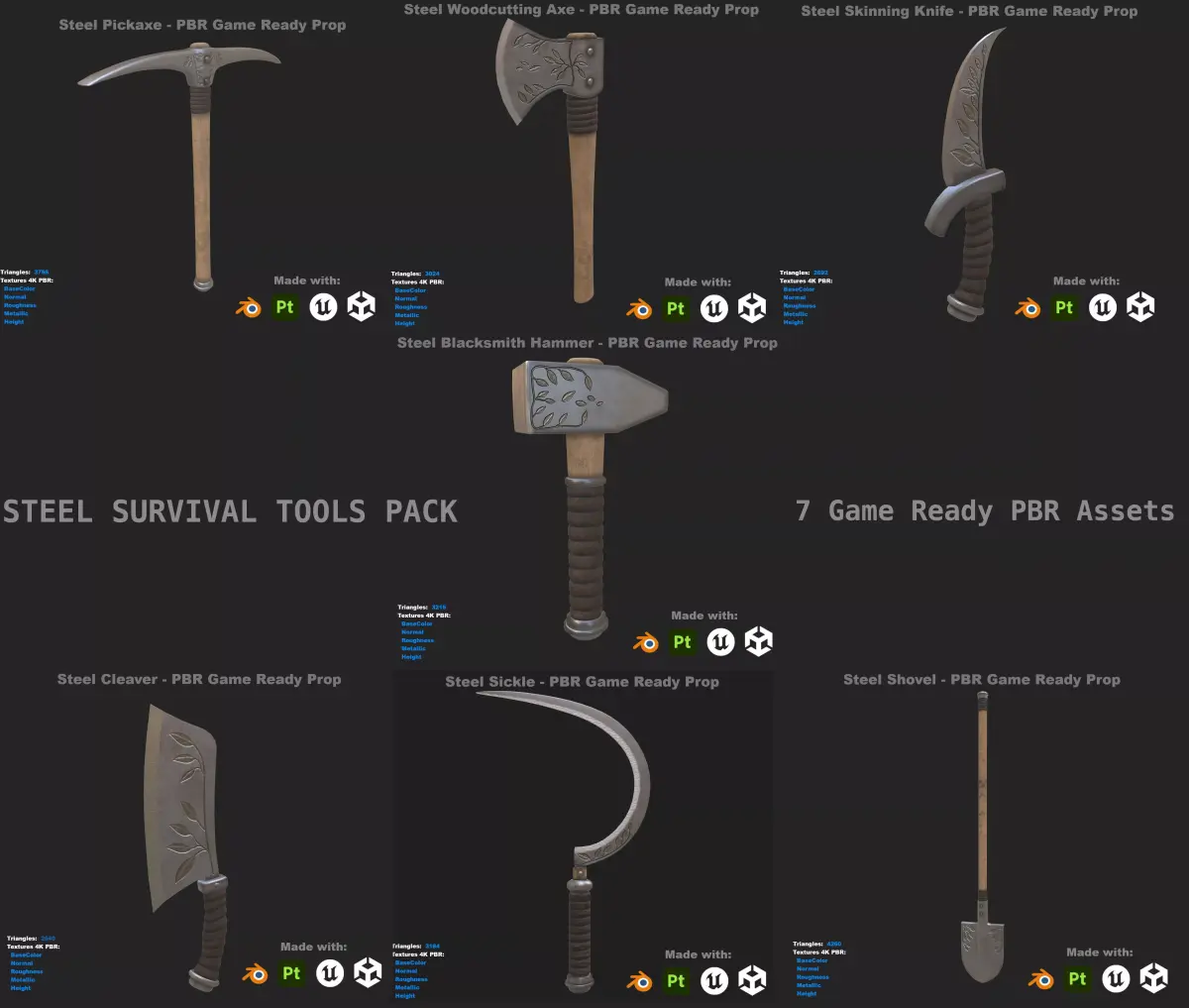 Steel Survival Tools Pack - 7 Game Ready PBR Assets