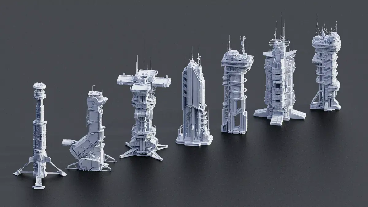 Scifi Futuristic Military buildings PACK Low-poly 3D model
