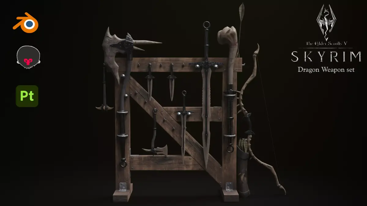 Skyrim Dragon Bon Weapon set Low-poly 3D model