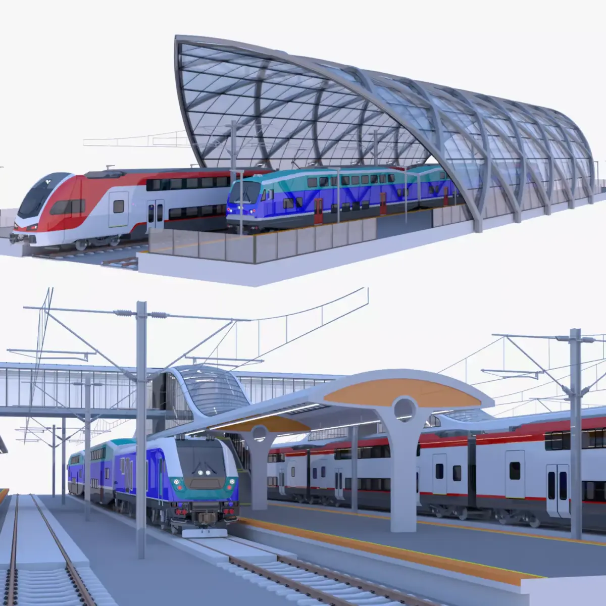Stations with doubledeck trains 3D Model Pack purchase