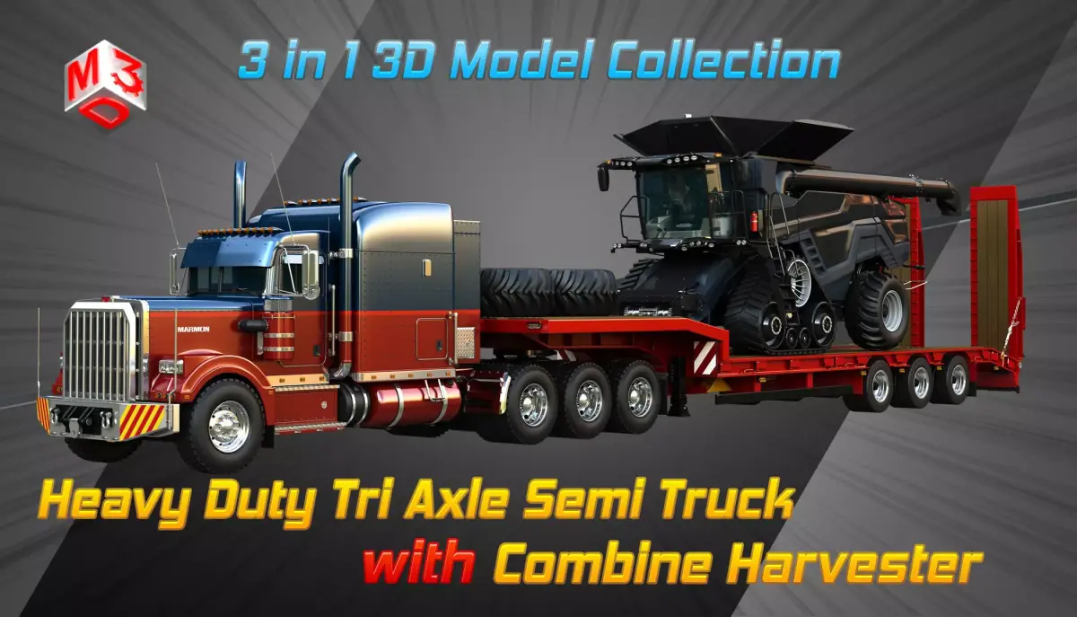57P Heavy Duty 3-Axle Semi Truck with Combine Harvester  3 in 1 3D Model Pack