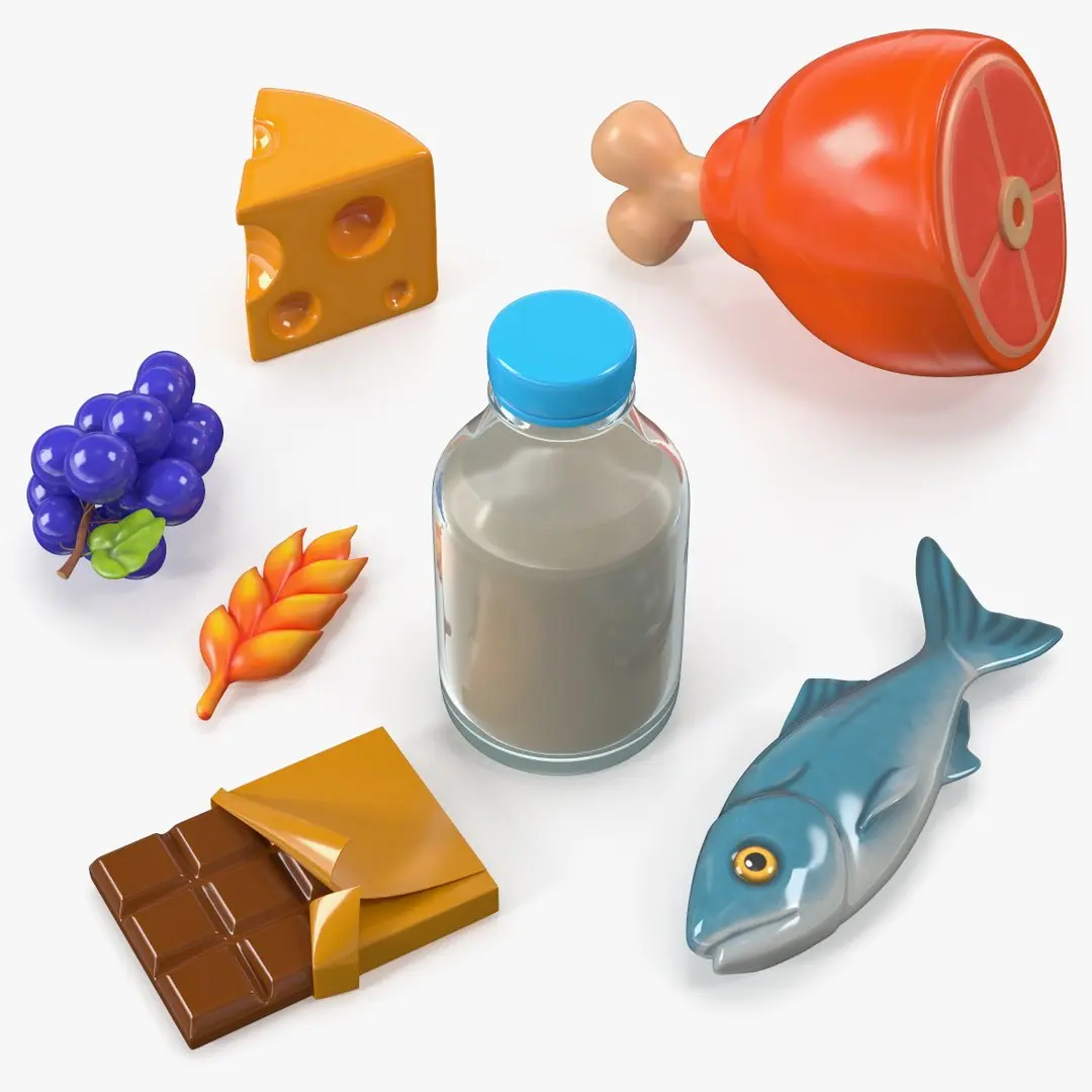 Cartoon Food Assortment with Meat Fish and Dairy 3D model
