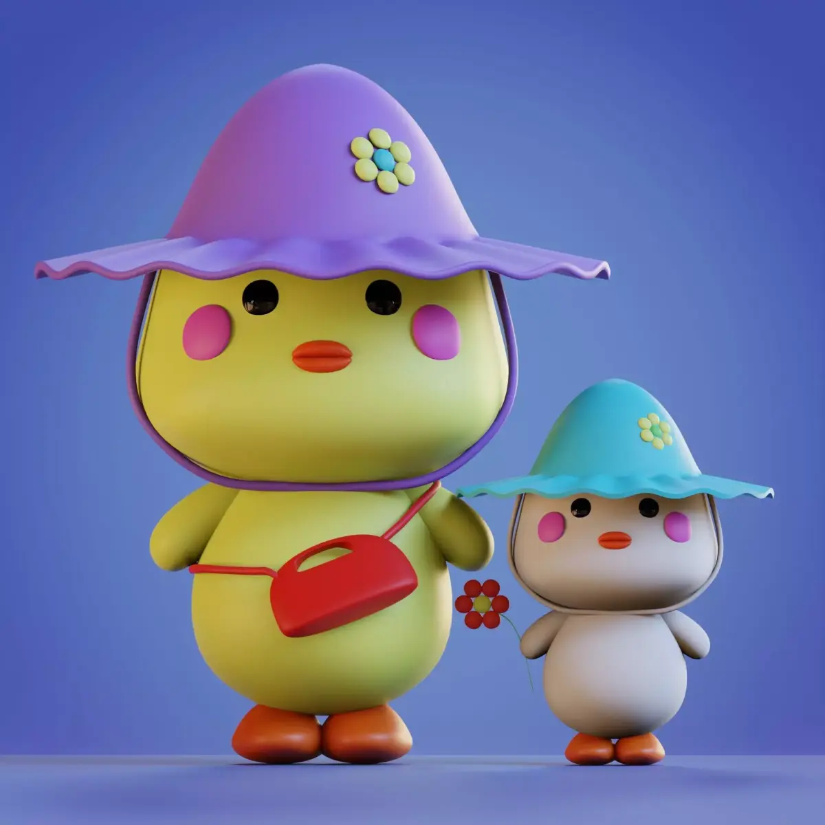 Cute little Duck with Duckling Low-poly 3D model