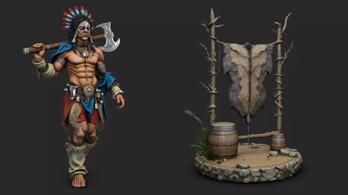 Native amerian warrior with axe with wooden bracket 3D model