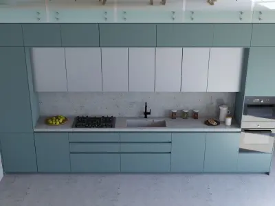 Linear Modern Kitchen blue and chrome with industrial staircase 3D model