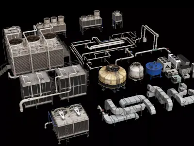 Industrial Rooftop HVAC Cooling Tower And Pipe Collection 3D model