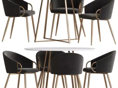 Dining Set table and chairs velvet with gold legs 3D model