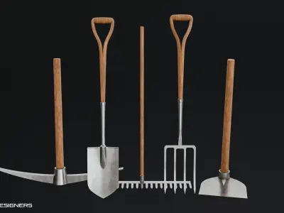 Farming Tools Pack - Fork Shovel Rake Pickaxe Hoe Low-poly 3D model