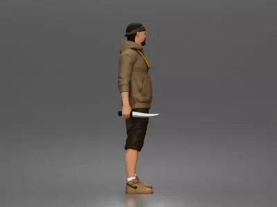 gangster holding knife wearing hoodie sneakers chain headband 3D print model