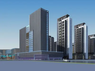 Architecture high rise building in middle of city 3D model