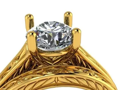 Filigree Scrolls Engraved Solitaire  Art Deco Engagement Ring 3D print model
