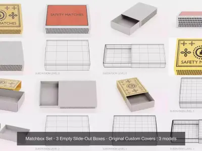 Matchbox Set - 3 Empty Slide-Out Boxes - Original Custom Covers 3D Model Pack