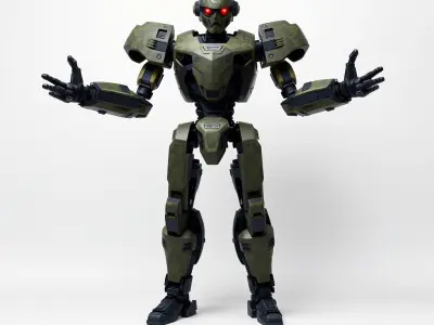 Armored Combat Android with Red Eyes and Military Design Low-poly 3D model