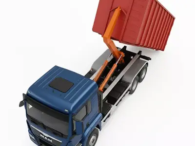 Hook Lift Truck with Red Waste Container Low-poly 3D model