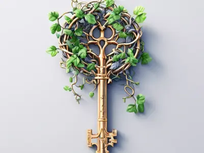 Antique Ornate Key with Ivy Low-poly 3D model