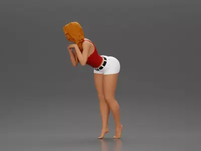 Confident Girl in Red Top and White Shorts Posing Playfully 3D print model