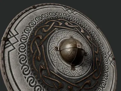 Slavic round leather shield-painted black and white with golden  Low-poly 3D model