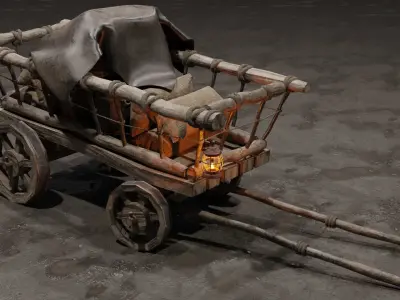 Stylized medieval cart with a lamp and a load Low-poly 3D model