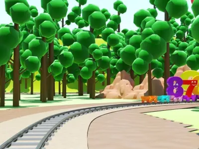 3D Cartoon forest and Animated  train models with numbers Low-poly 3D model
