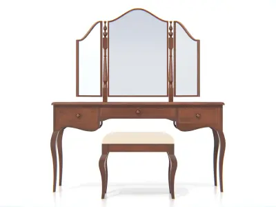 Antique Wooden Vanity Table with Tri-Fold Mirror and Stool Low-poly 3D model