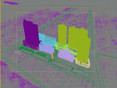 Architecture city with tall buildings and river 3D model purchase