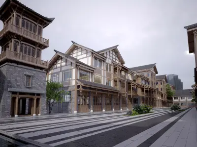 Chinese commercial street Low-poly 3D model